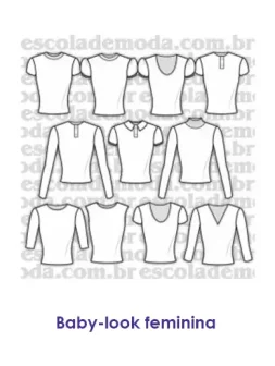 Moldes de baby-look feminina em vários tamanhos.